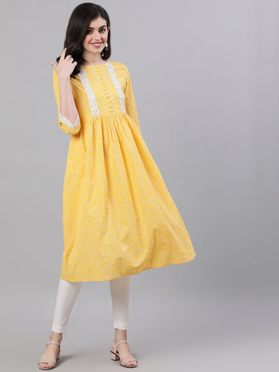 Women Yellow front yoke lace detail printed dress