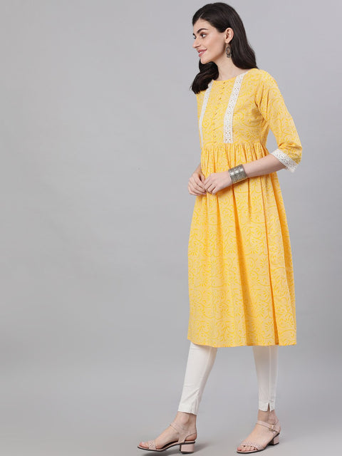 Women Yellow front yoke lace detail printed dress