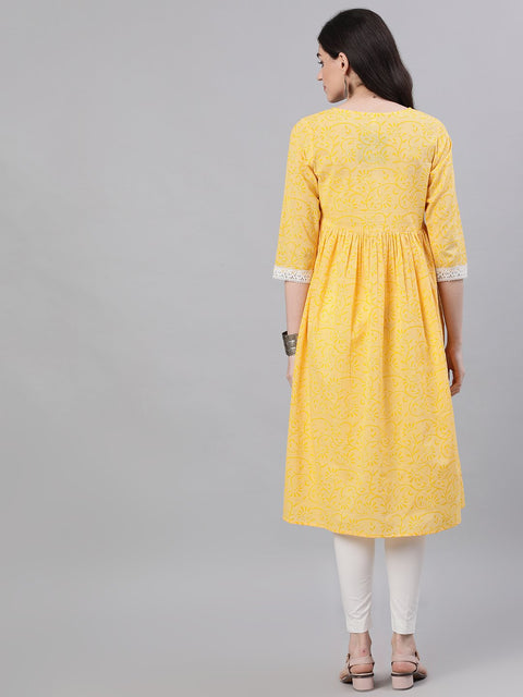 Women Yellow front yoke lace detail printed dress