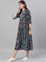 Women Indigo and Maroon Shirt Collar Fit & Flare Dress with Cuffed Sleeves