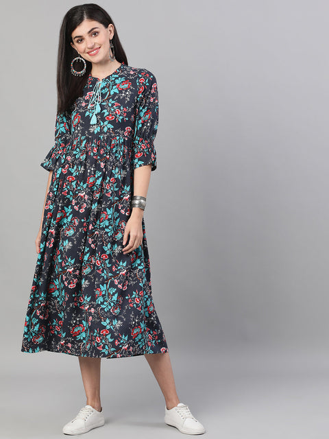 Women Indigo and Maroon Shirt Collar Fit & Flare Dress with Cuffed Sleeves