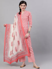Women Pink Three-Quarter Sleeves Straight Kurta Palazzo With Dupatta