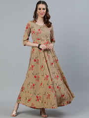 Women Beige Printed Maxi Dress With Three Quarter Sleeves