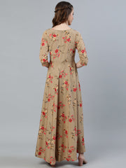Women Beige Printed Maxi Dress With Three Quarter Sleeves