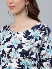 Women Blue Floral Printed Maxi Dress With Three Quarter Sleeves