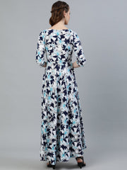Women Blue Floral Printed Maxi Dress With Three Quarter Sleeves