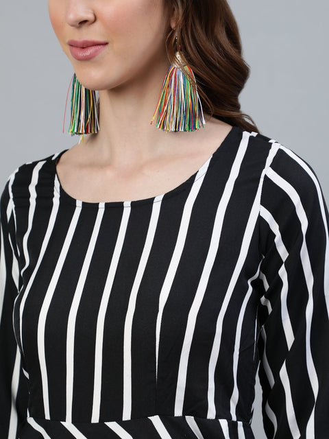 Women Black Striped Maxi Dress With Three Quarter Sleeves
