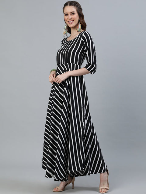 Women Black Striped Maxi Dress With Three Quarter Sleeves