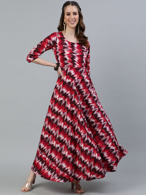 Women Pink Printed Maxi Dress With Three Quarter Sleeves