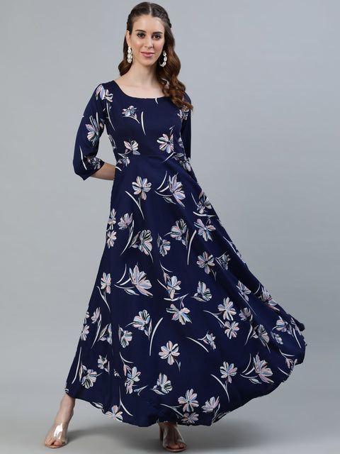 Women Navy Blue Floral Printed Maxi Dress With Three Quarter Sleeves