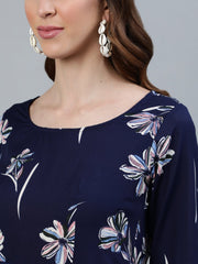 Women Navy Blue Floral Printed Maxi Dress With Three Quarter Sleeves