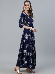 Women Navy Blue Floral Printed Maxi Dress With Three Quarter Sleeves