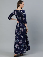 Women Navy Blue Floral Printed Maxi Dress With Three Quarter Sleeves