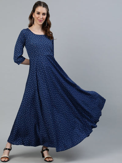 Women Blue Floral Printed Maxi Dress With Three Quarter Sleeves