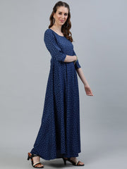 Women Blue Floral Printed Maxi Dress With Three Quarter Sleeves
