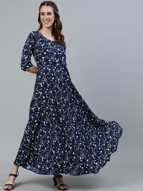 Women Navy Blue Floral Printed Maxi Dress With Three Quarter Sleeves