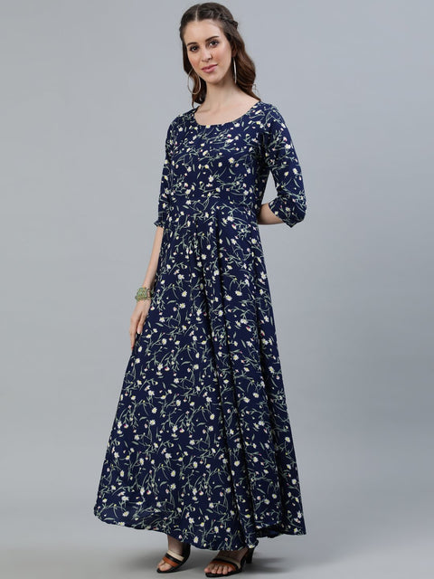 Women Navy Blue Floral Printed Maxi Dress With Three Quarter Sleeves