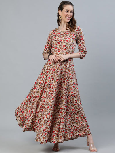 Women Blue Floral Printed Maxi Dress With Three Quarter Sleeves