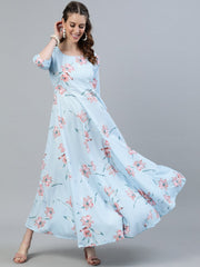 Women Pastel Blue Floral Printed Maxi Dress With Three Quarter Sleeves
