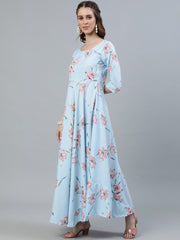 Women Pastel Blue Floral Printed Maxi Dress With Three Quarter Sleeves