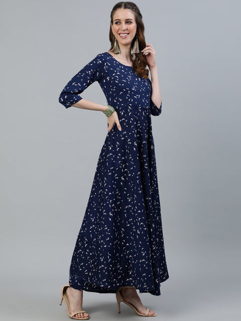 Women Navy Blue Printed Maxi Dress With Three Quarter Sleeves