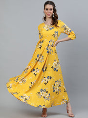 Women Yellow Printed Maxi Dress With Three Quarter Sleeves