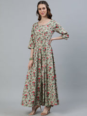 Women Green Floral Printed Maxi Dress With Three Quarter Sleeves
