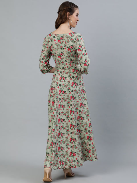 Women Green Floral Printed Maxi Dress With Three Quarter Sleeves