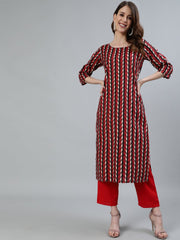 Women Maroon Printed Straight Kurta With Three Quarter Sleeves