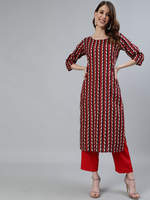 Women Maroon Printed Straight Kurta With Three Quarter Sleeves