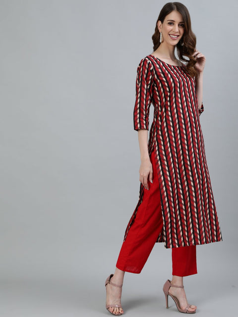 Women Maroon Printed Straight Kurta With Three Quarter Sleeves