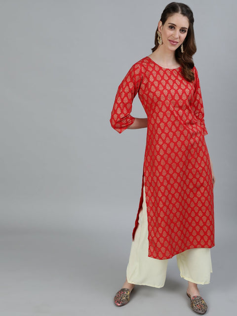 Women Red Printed Straight Kurta With Three Quarter Sleeves