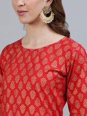 Women Red Printed Straight Kurta With Three Quarter Sleeves
