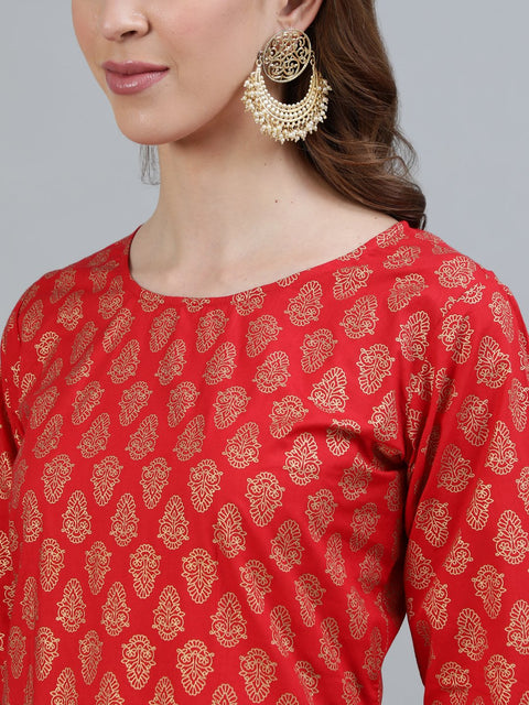 Women Red Printed Straight Kurta With Three Quarter Sleeves