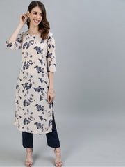 Women Peach Printed Straight Kurta With Three Quarter Sleeves