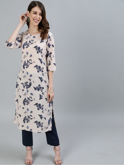 Women Peach Printed Straight Kurta With Three Quarter Sleeves