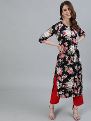 Women Black Floral Printed Straight Kurta With Three Quarter Sleeves