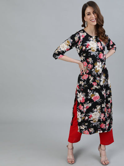 Women Black Floral Printed Straight Kurta With Three Quarter Sleeves