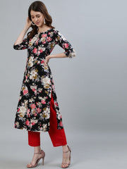 Women Black Floral Printed Straight Kurta With Three Quarter Sleeves