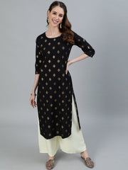 Women Black Printed Straight Kurta With Three Quarter Sleeves