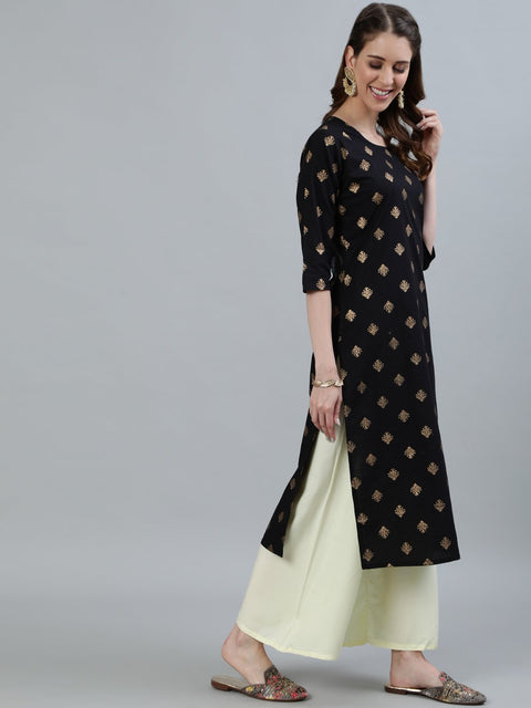 Women Black Printed Straight Kurta With Three Quarter Sleeves