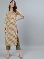 Women Beige Printed Straight Kurta With Three Quarter Sleeves