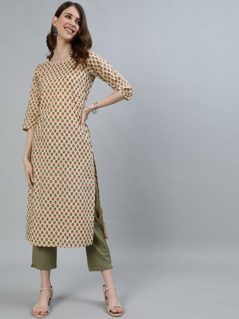 Women Beige Printed Straight Kurta With Three Quarter Sleeves