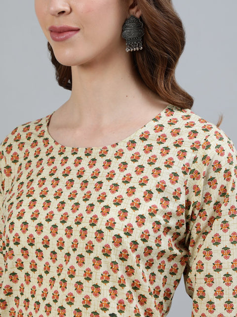 Women Beige Printed Straight Kurta With Three Quarter Sleeves
