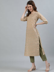 Women Beige Printed Straight Kurta With Three Quarter Sleeves