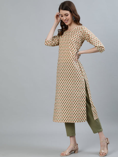 Women Beige Printed Straight Kurta With Three Quarter Sleeves