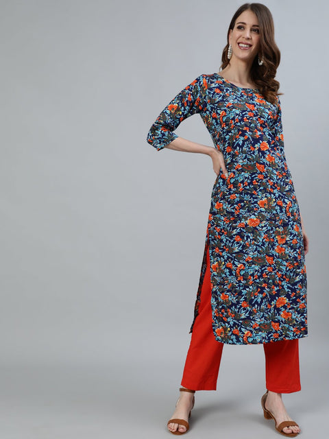 Women Blue Printed Straight Kurta With Three Quarter Sleeves