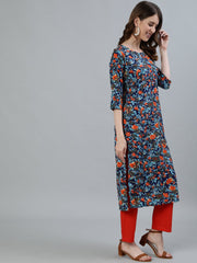 Women Blue Printed Straight Kurta With Three Quarter Sleeves