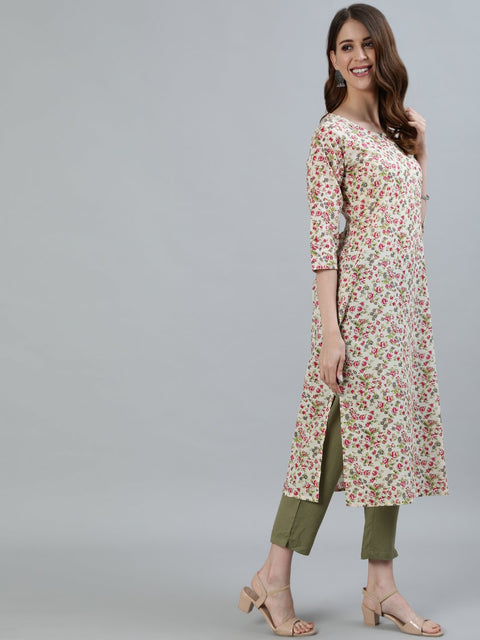 Women Cream Floral Printed Straight Kurta With Three Quarter Sleeves