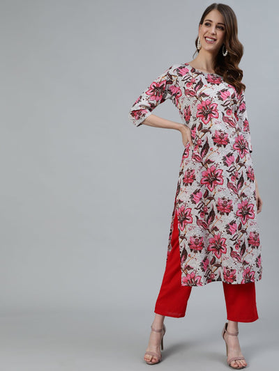 Women Off- White Floral Printed Straight Kurta With Three Quarter Sleeves